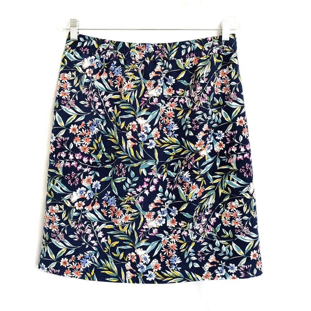 Talbots Floral A-Line Skirt 8 Blue Pink Pockets Elastic Waist Knee Length Spring - Picture 2 of 10